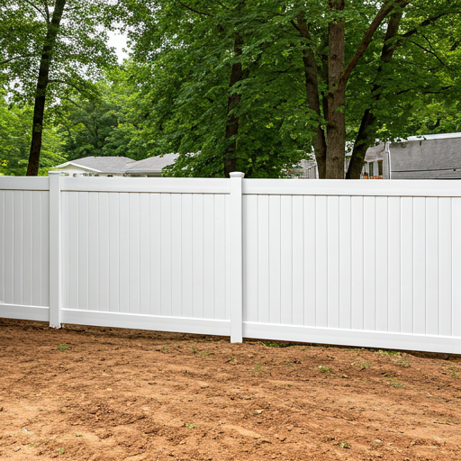 Newly installed clean white vinyl fence in backyard